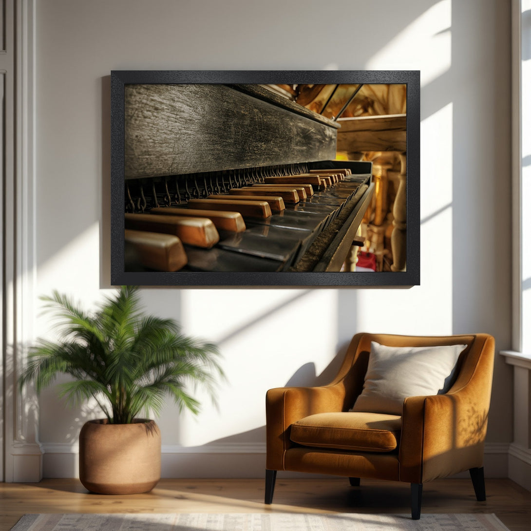 Framed Poster featuring a vintage piano keyboard. Warm, inviting color palette with wood tones and a touch of black. Perfect wall art for any space.