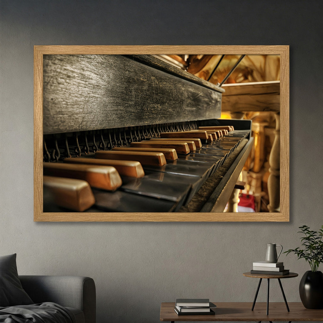 Framed Poster featuring a vintage piano keyboard, warm brown and black tones, perfect for music lovers.