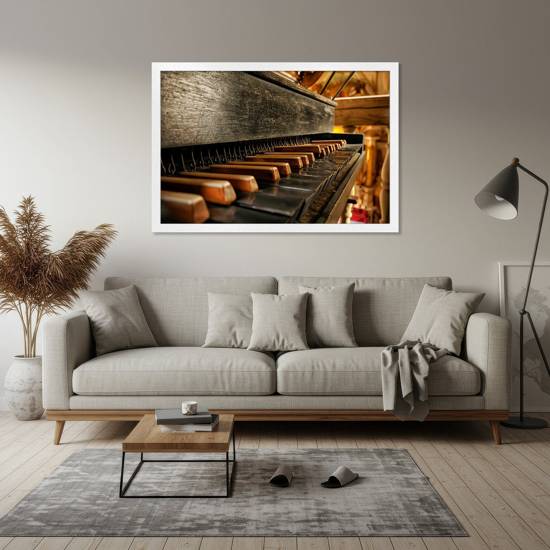 Framed Poster of piano keys in a warm, neutral color palette. Perfect wall art for a cozy living room. Shop now!