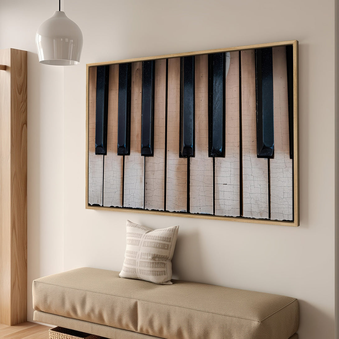 Framed Wall Art: Rustic piano keys in a neutral palette. Add a touch of musical charm to your home decor! Shop now for unique wall art.