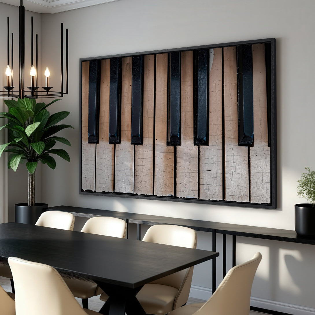 Framed Wall Art: Rustic piano keys canvas print in a modern dining room. Neutral color palette with black and beige tones. Add musical style to your space!