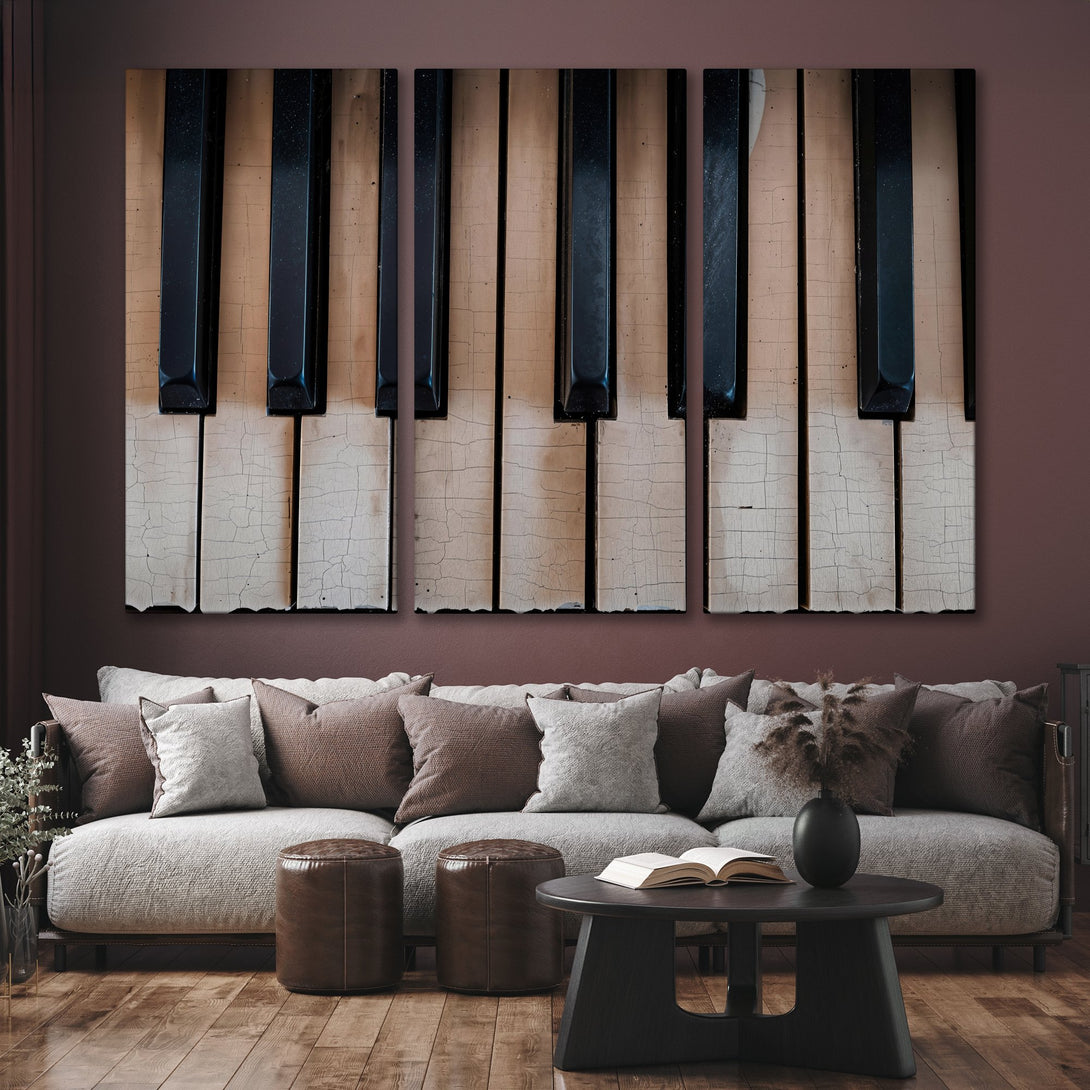 Canvas Print of a piano keyboard, rustic style, warm neutral and black tones, perfect for adding a touch of musical elegance to your home decor.