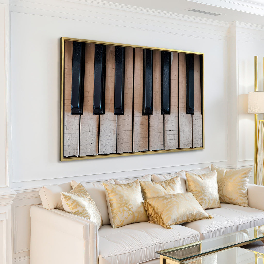 Canvas Print of piano keys in a modern living room. Black & white art with neutral color palette, perfect for minimalist decor.