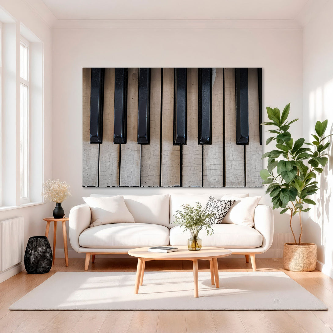 Framed Wall Art featuring a piano keys close-up. Elegant black & white design with a gold frame, perfect for adding a touch of sophistication to your home decor.