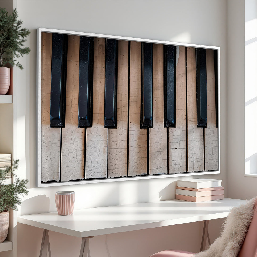 Framed Wall Art: Close-up of piano keys in neutral tones. Add musical elegance to your space with this unique Canvas Print!