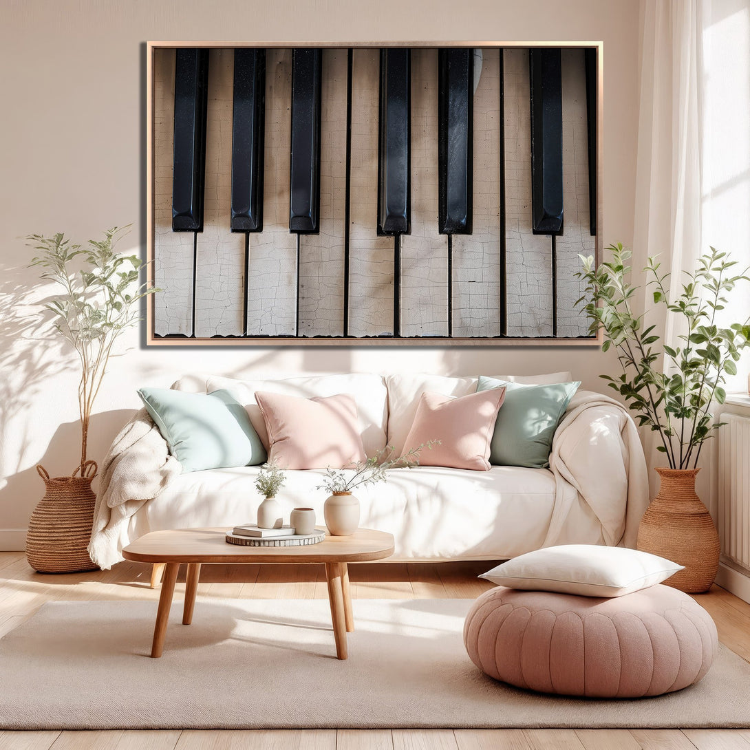 Framed Wall Art: Close-up of vintage piano keys in neutral tones. Add a touch of musical elegance to your space with this stunning art piece!