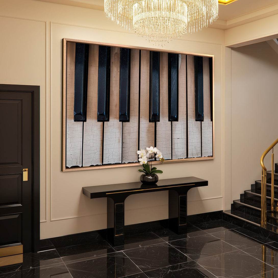 Framed Wall Art: Piano keys art print in a modern interior. Black, white, and beige color palette. Adds elegance to any space.
