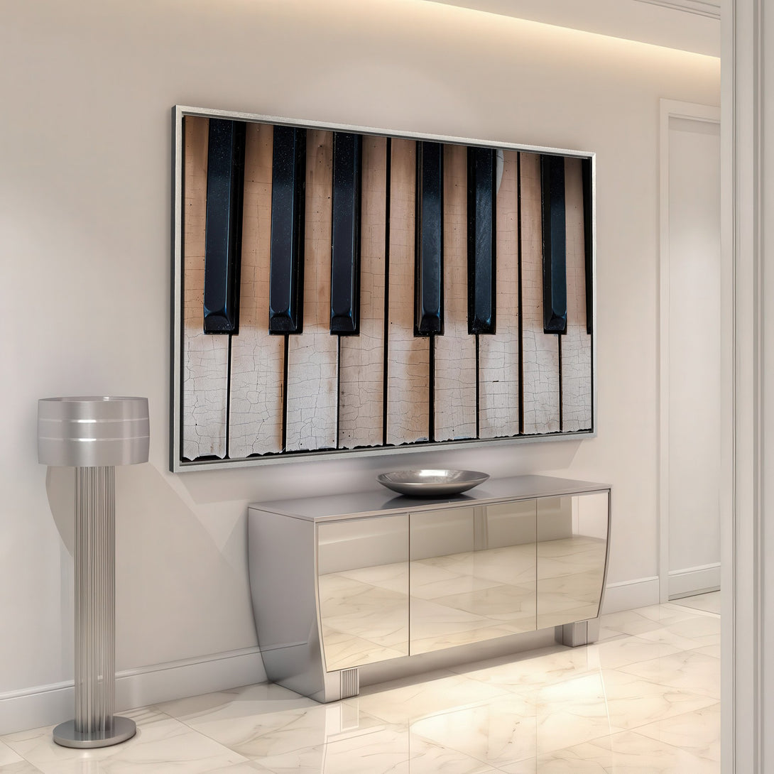 Framed Wall Art: Piano keys canvas print in neutral tones. Modern decor with a touch of musical elegance. Perfect for living rooms and entryways.