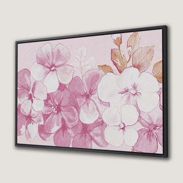 Framed Wall Art featuring delicate floral watercolor art. Soft pink and white blossoms with gold accents. Perfect for adding a touch of elegance.