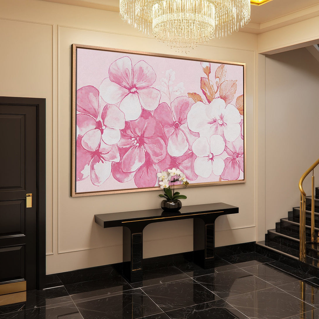 Framed Wall Art: Watercolor floral print in pink and white. Adds a touch of elegance to any space. Shop now for beautiful wall decor!