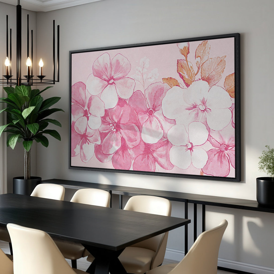 Framed Wall Art featuring a floral watercolor design in a pink and white color palette, perfect for adding a touch of elegance to any room.