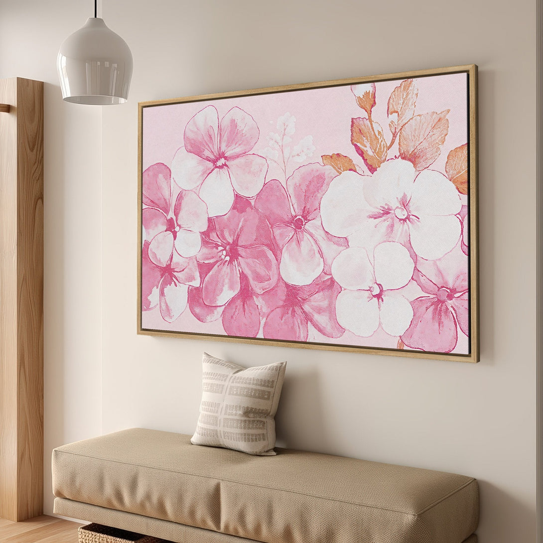 Framed Wall Art featuring watercolor floral design in pink and peach tones. Modern art for a stylish home.