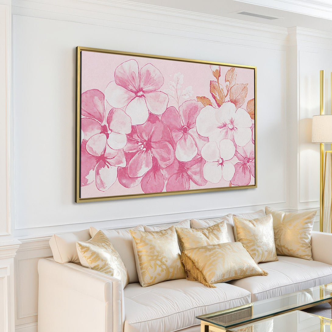 Canvas Print featuring watercolor floral art in pink and white tones, adding a touch of elegance to a modern living room.