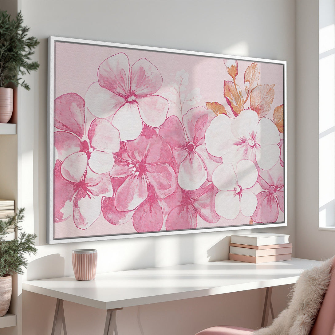 Framed Wall Art featuring a floral watercolor design in pink and white hues. Add a touch of elegance with this beautiful Canvas Print!