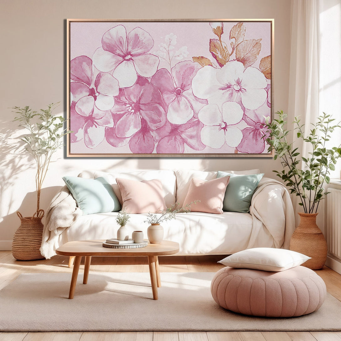 Framed Wall Art featuring watercolor floral art in pink and white, perfect for adding a touch of elegance to your living room decor.