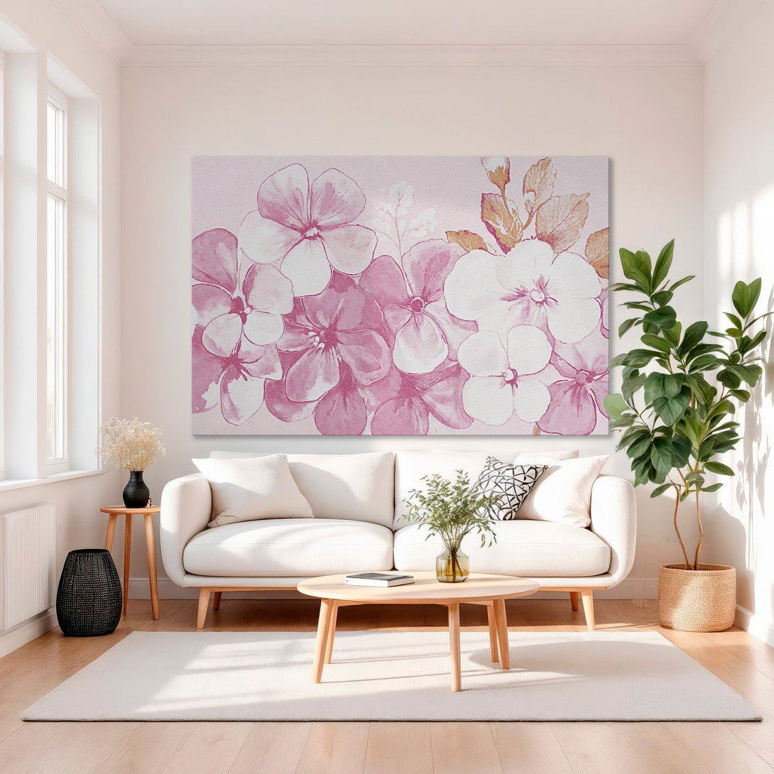 Framed Wall Art featuring watercolor pink floral design. Adds elegance to any room. Soft pink and gold color palette. Perfect for living room decor.