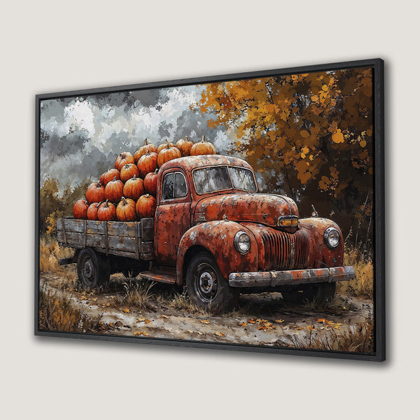 Framed Wall Art: Rustic truck filled with pumpkins. Autumnal art with warm orange, brown & grey tones. Perfect fall decor.
