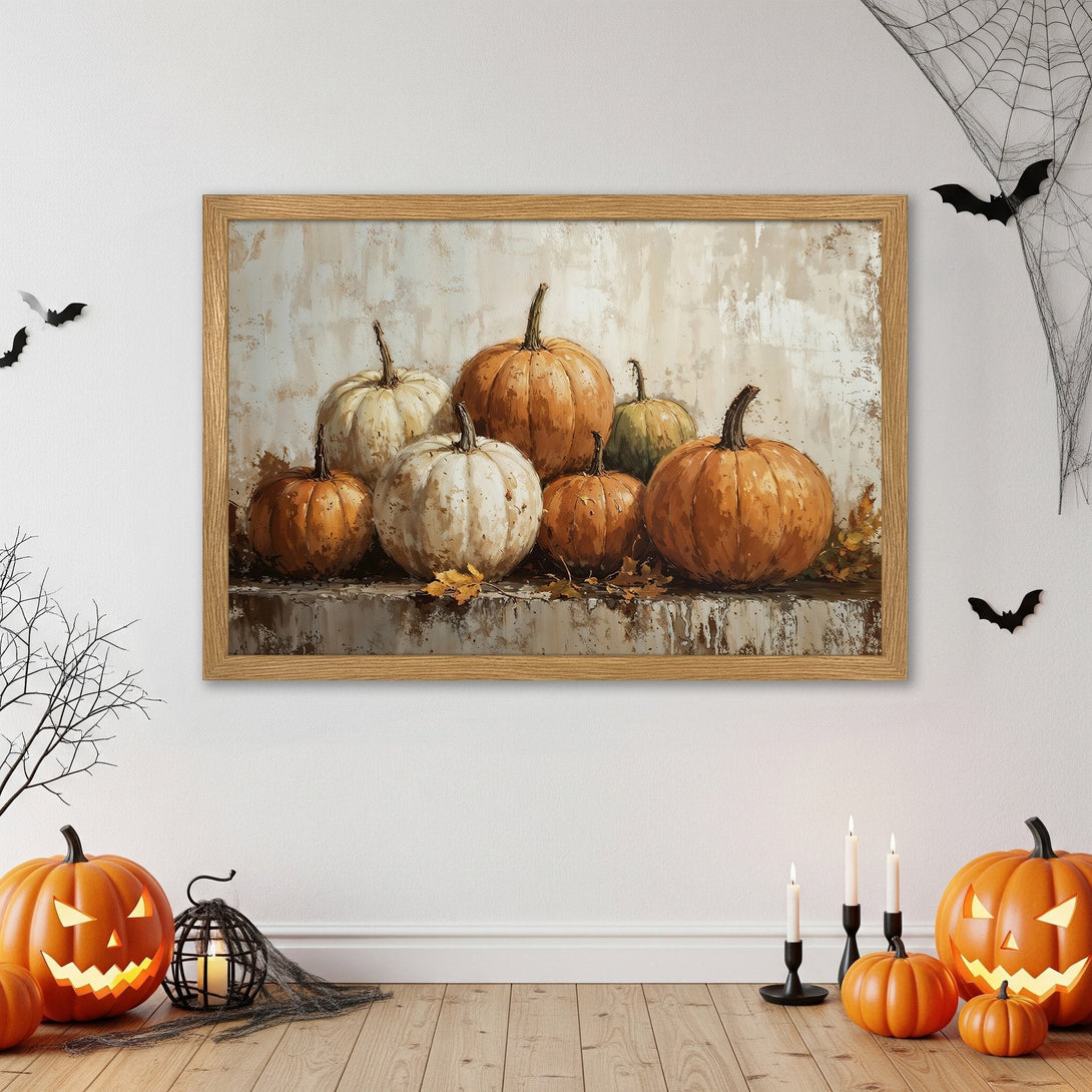 Framed Poster featuring pumpkins in a rustic style with warm orange, white, and neutral tones, perfect for fall decor.