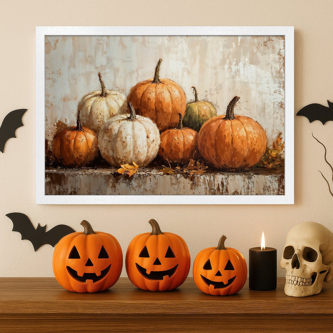 Framed Poster featuring a still life of pumpkins in warm orange and cream tones, perfect for Halloween decor.