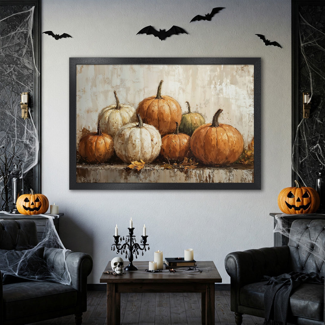Framed Poster featuring a pumpkin still life painting in warm orange and cream tones, perfect for Halloween decor.