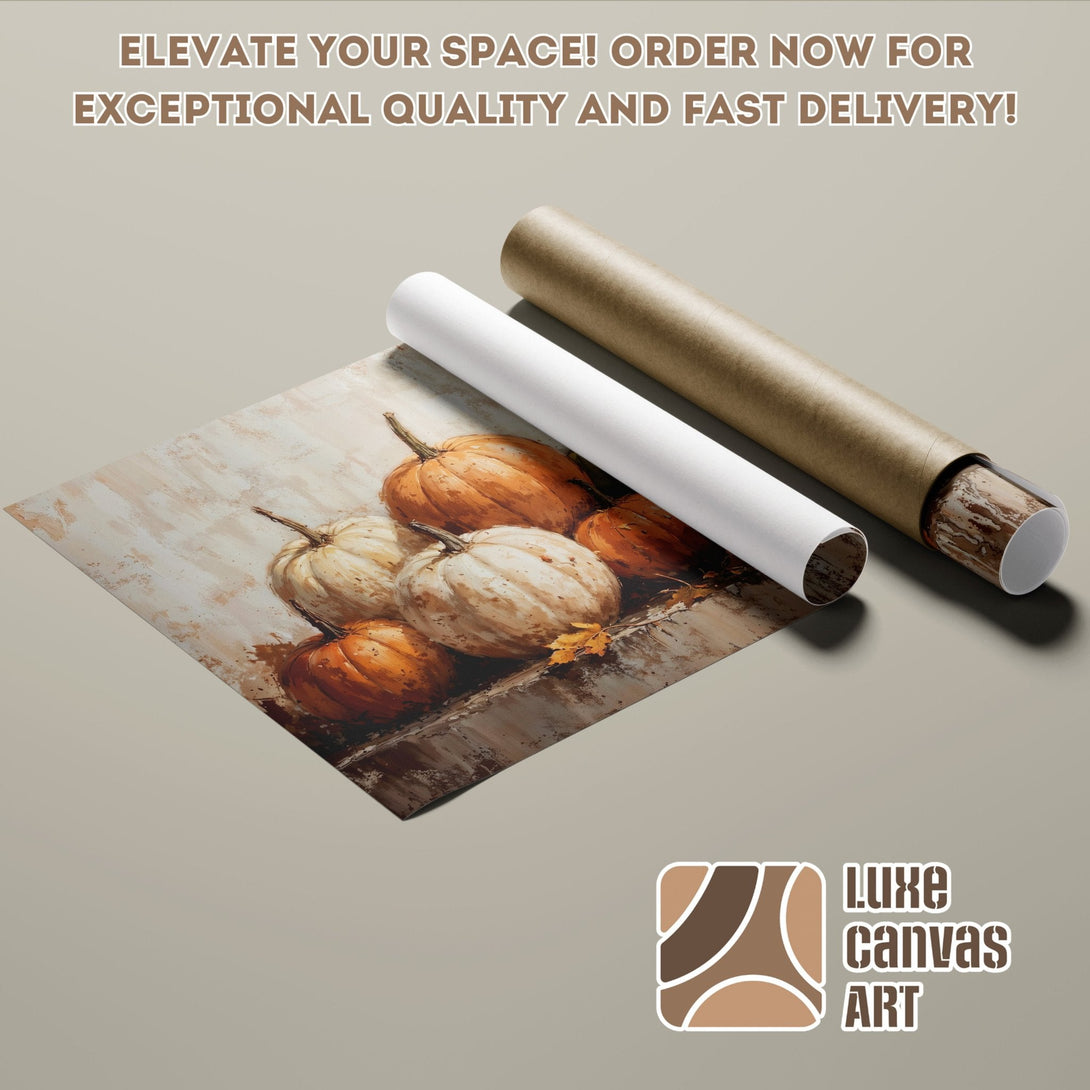 Poster Roll featuring a pumpkin painting, warm color palette, perfect for fall decor.