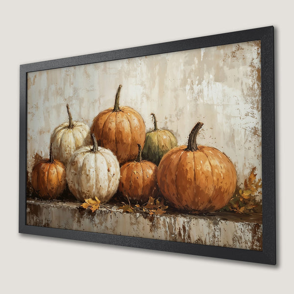 Framed Poster featuring fall pumpkins in warm orange and beige tones. Rustic art style, perfect for autumn decor.