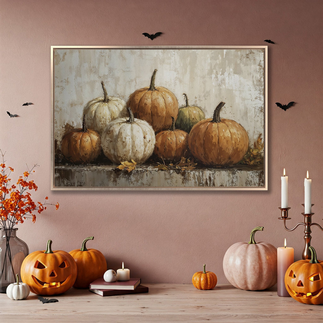 Framed Wall Art: Harvest pumpkins in warm orange & cream tones. Rustic style canvas print perfect for fall & Halloween decor.