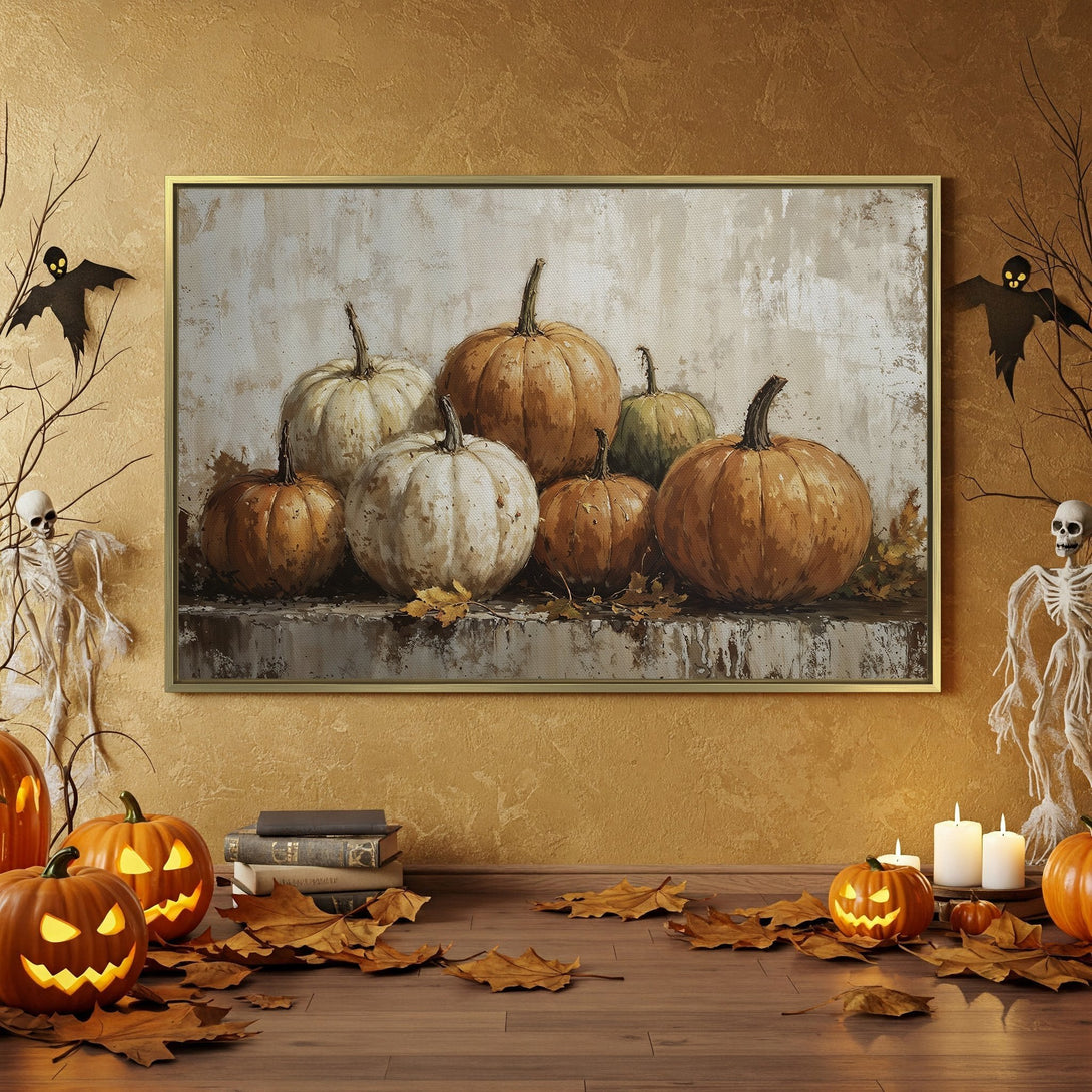 Canvas Print featuring a rustic pumpkin still life in warm orange and cream tones, perfect for Halloween decor. Adds a cozy, seasonal touch!