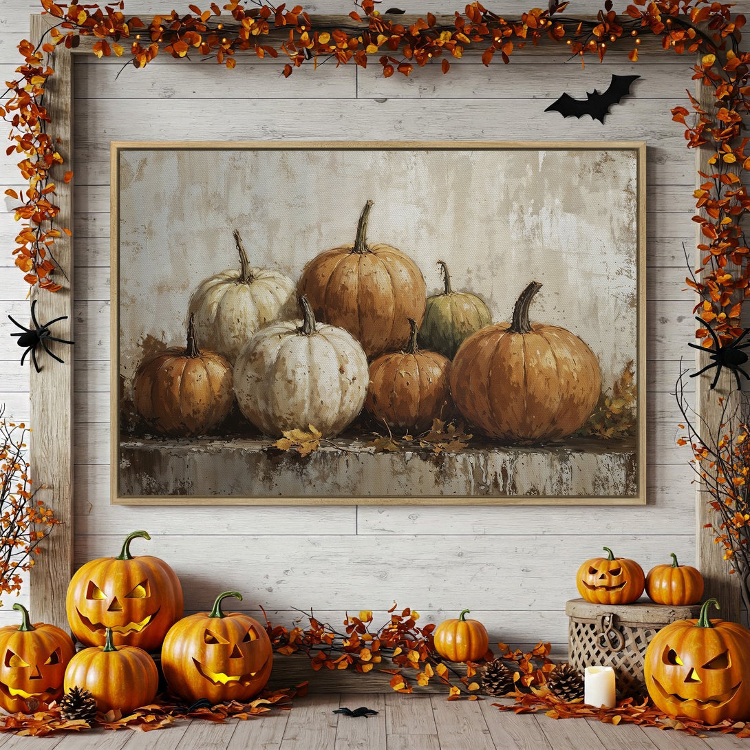 Framed Wall Art featuring a pumpkin still life in warm orange tones, perfect for fall decor and Halloween. Rustic style.