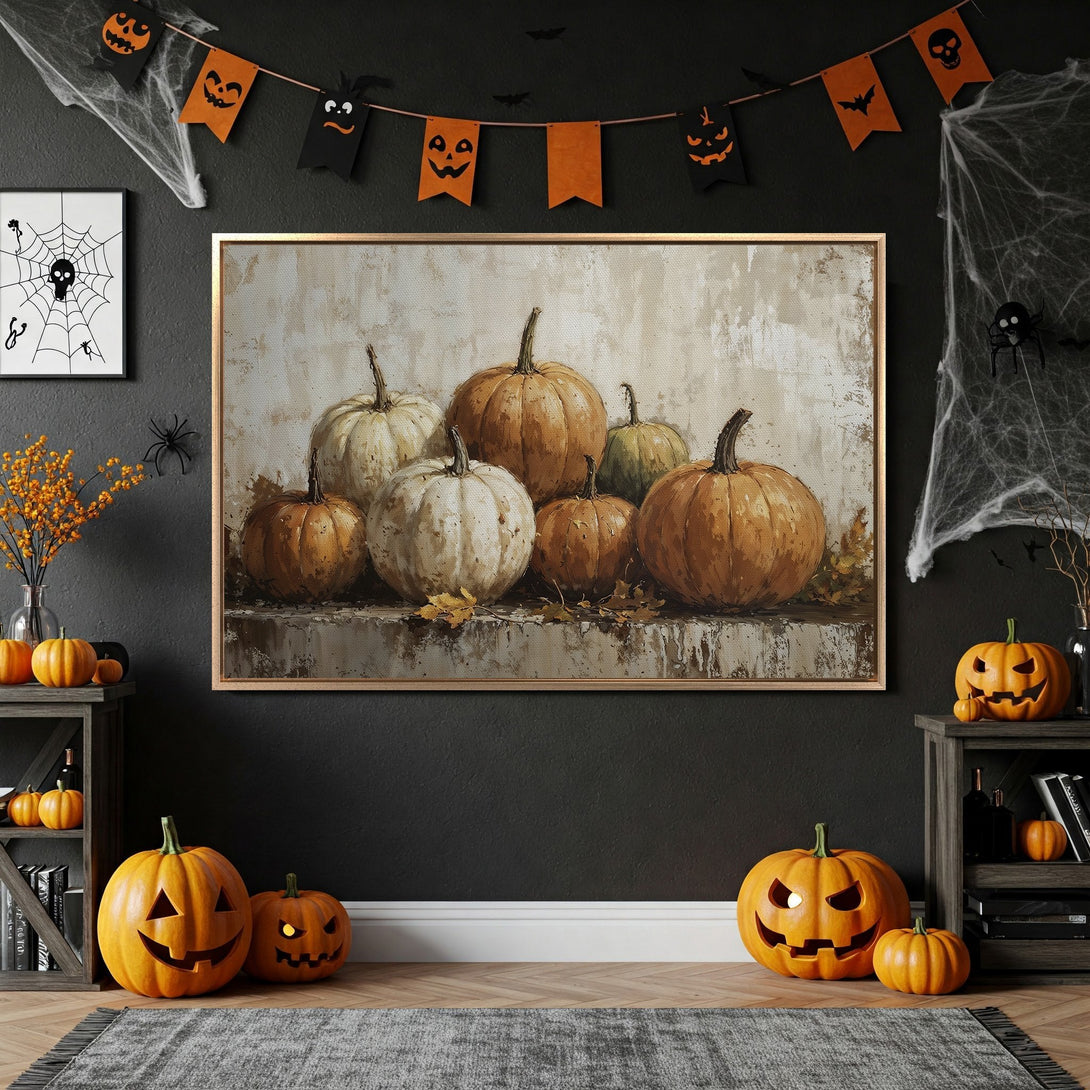 Framed Wall Art featuring a pumpkin still life in warm orange and cream tones. Perfect Halloween decor!