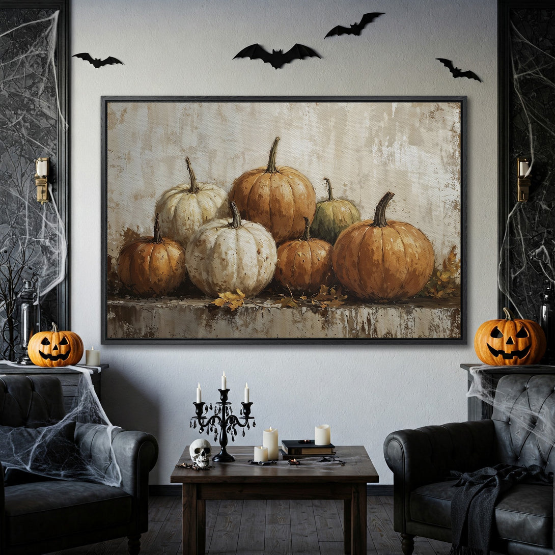 Framed Wall Art: Rustic pumpkin painting in warm orange and cream tones, perfect fall decor. Halloween-themed canvas print for cozy interiors.