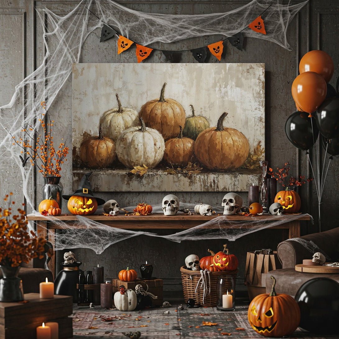 Framed Wall Art featuring a pumpkin still life in warm orange and cream tones. Perfect for Halloween decor!