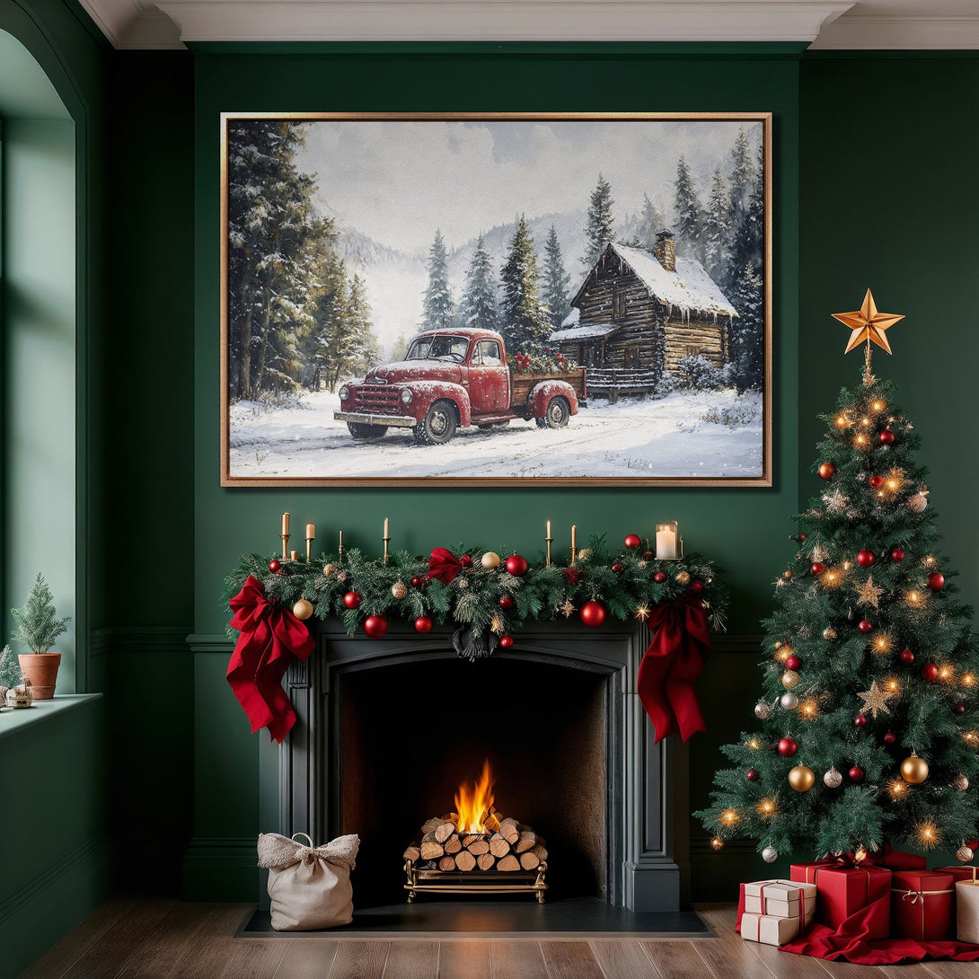 Framed Wall Art: Winter scene Canvas Print featuring a red truck and cabin in a snowy landscape. Warm, rustic style with a red, green, and white color palette.