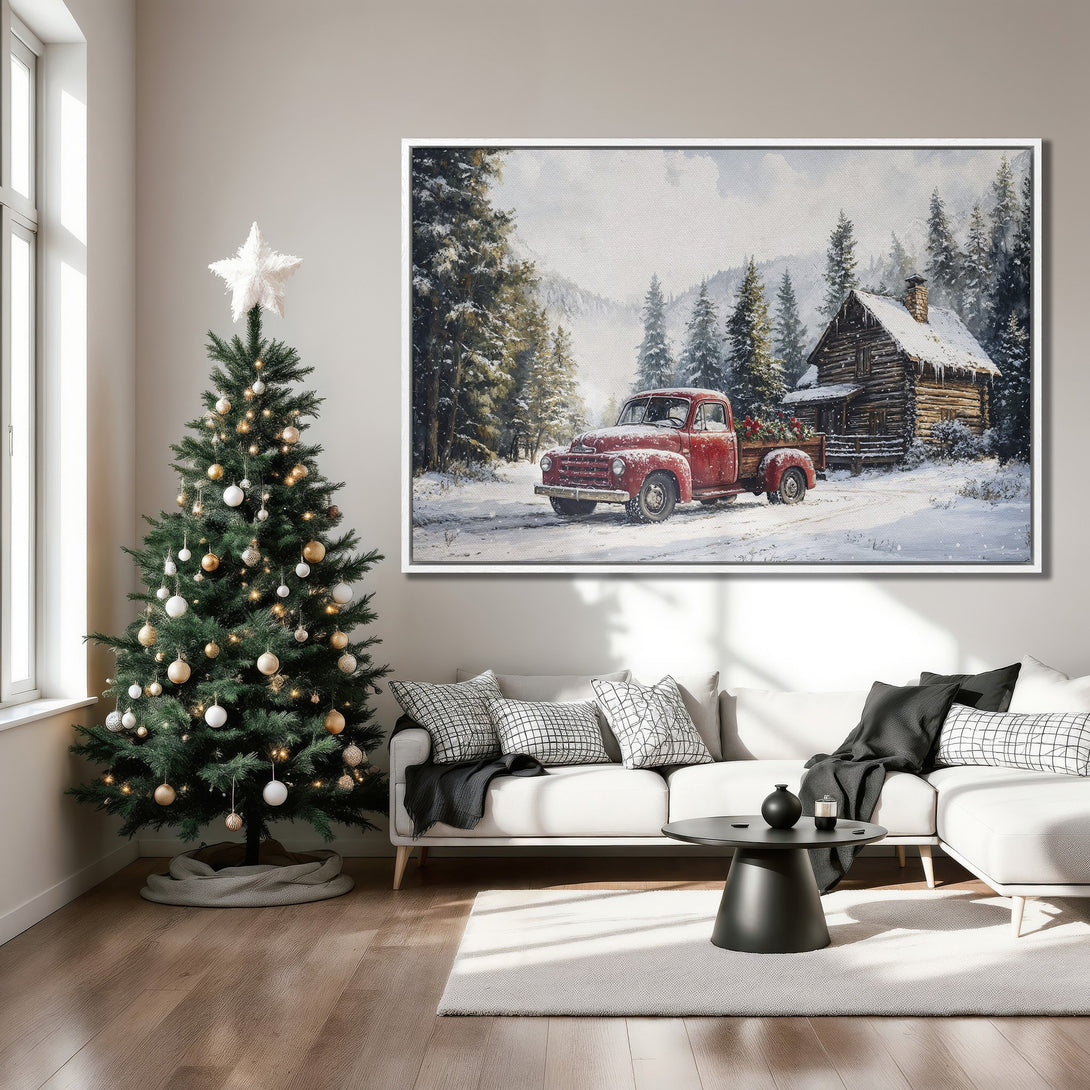 Framed Wall Art: Rustic winter scene with red truck, cabin, and snowy landscape. Warm, inviting color palette. Perfect for cozy home decor.