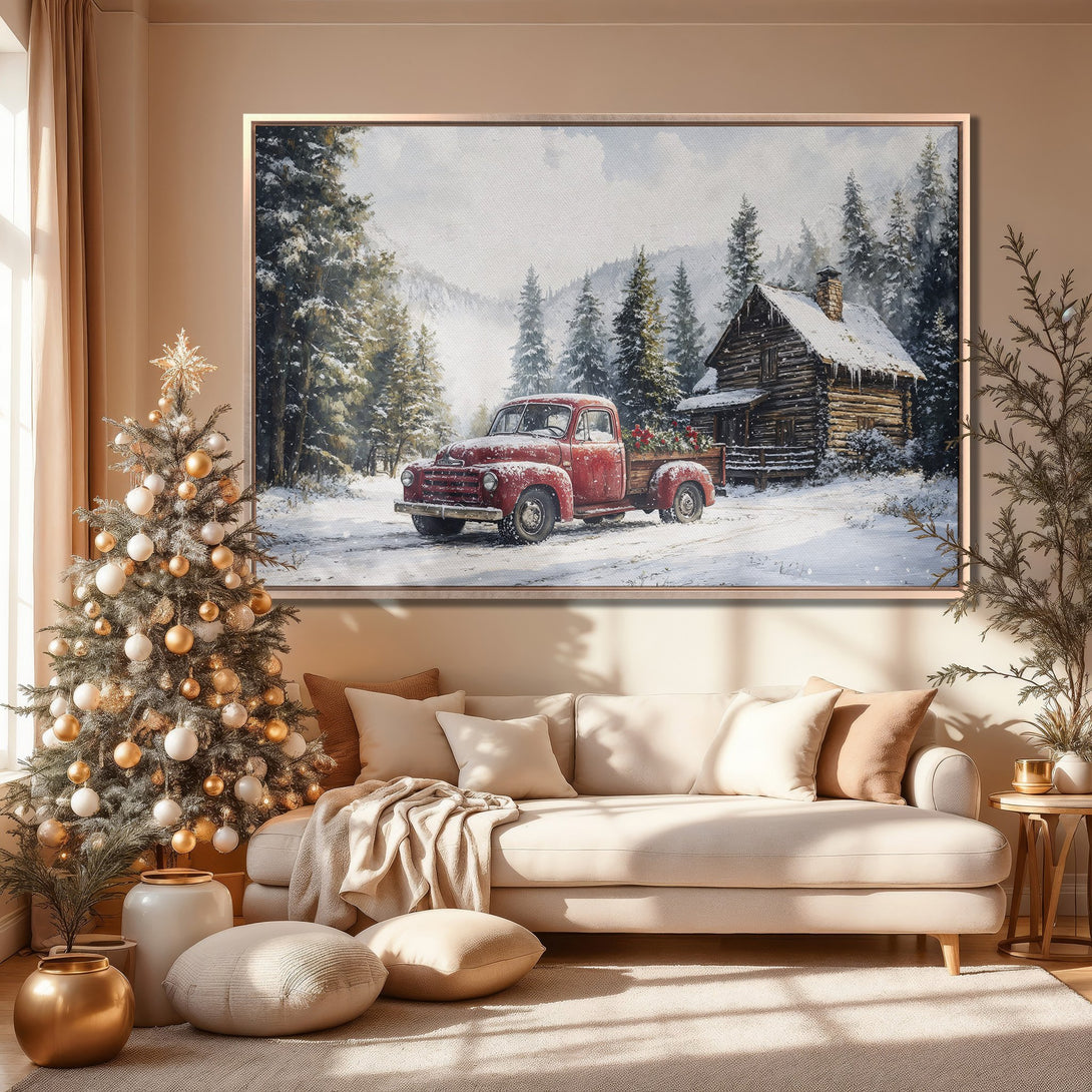 Framed Wall Art featuring a vintage red truck in a snowy winter scene. Warm, neutral color palette, perfect for holiday home decor.