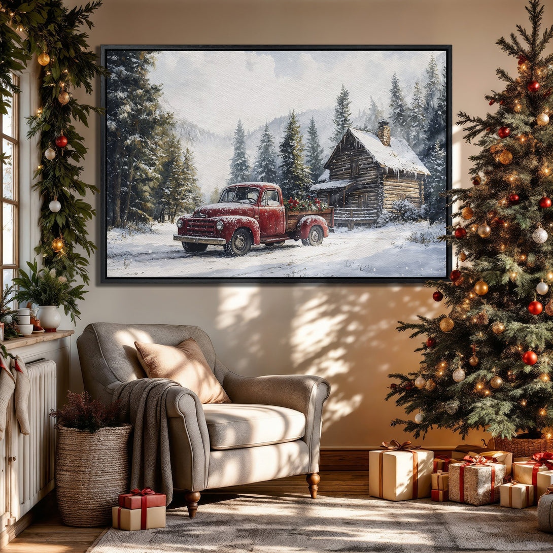 Framed Wall Art: Rustic winter scene with red truck, cabin, and snowy landscape. Warm, inviting colors create a cozy holiday vibe. Perfect for seasonal decor.
