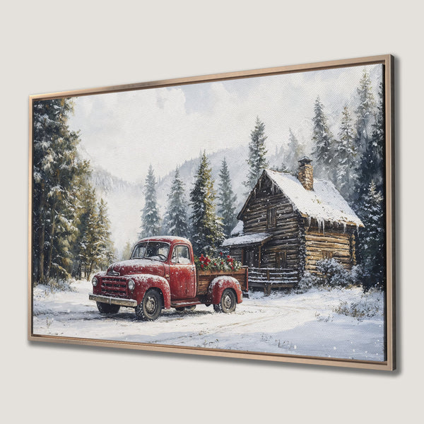 Framed Wall Art: Winter scene Canvas Print featuring a red truck & cabin in a snowy landscape. Rustic style with a warm, inviting color palette.
