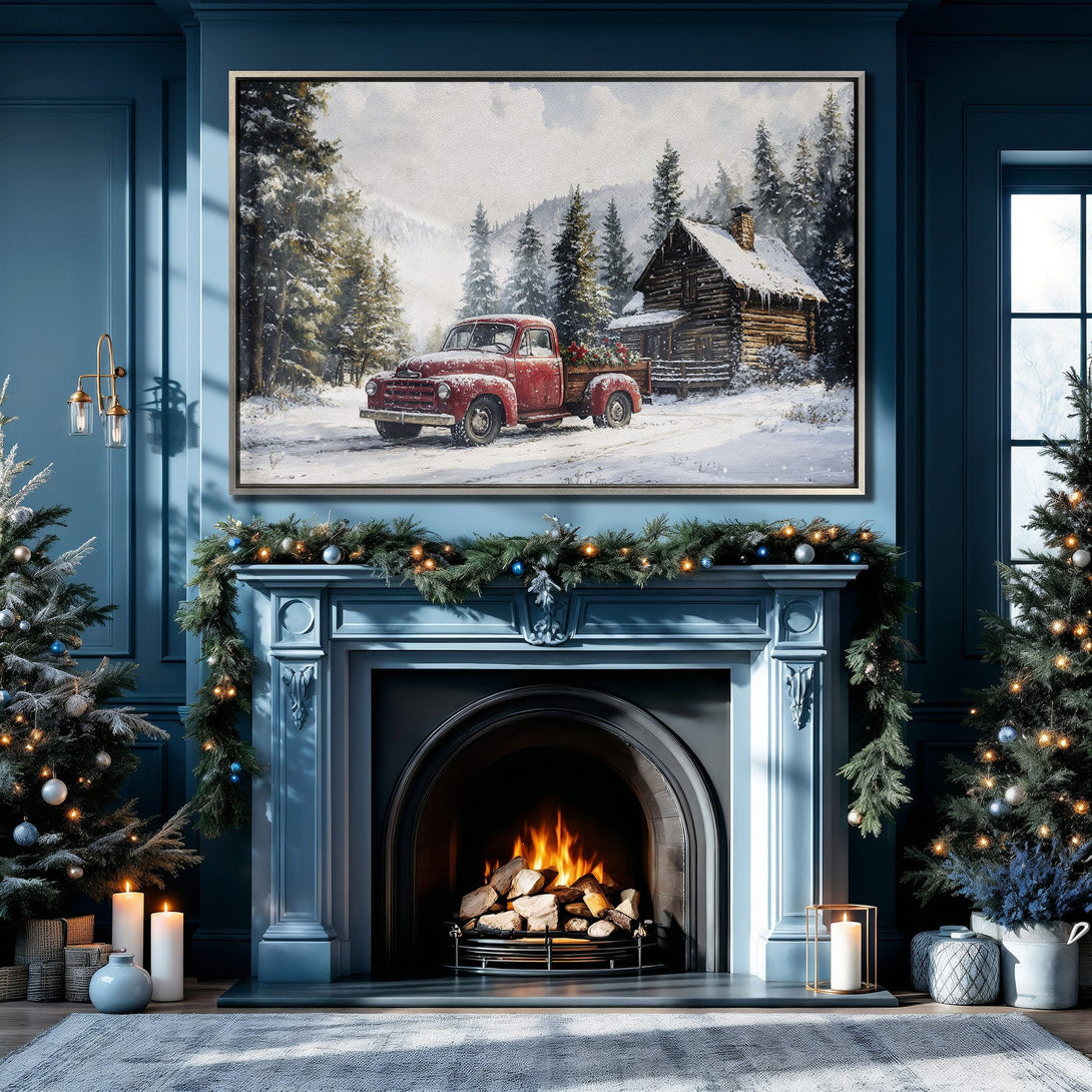 Framed Wall Art featuring a winter scene with a red truck, displayed in a cozy, blue-toned interior. Perfect holiday decor!