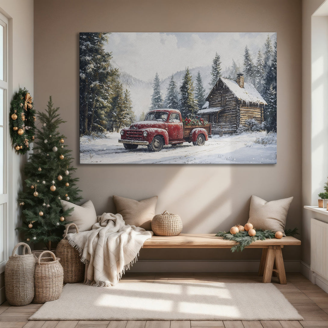 Framed Wall Art: Winter scene with red truck & cabin. Warm, inviting colors. Perfect for cozy decor. Canvas Print available.