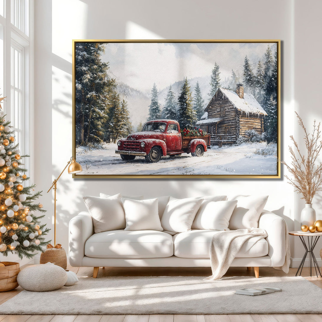 Canvas Print featuring a vintage red truck in a snowy winter scene. Rustic style with a warm, neutral color palette.