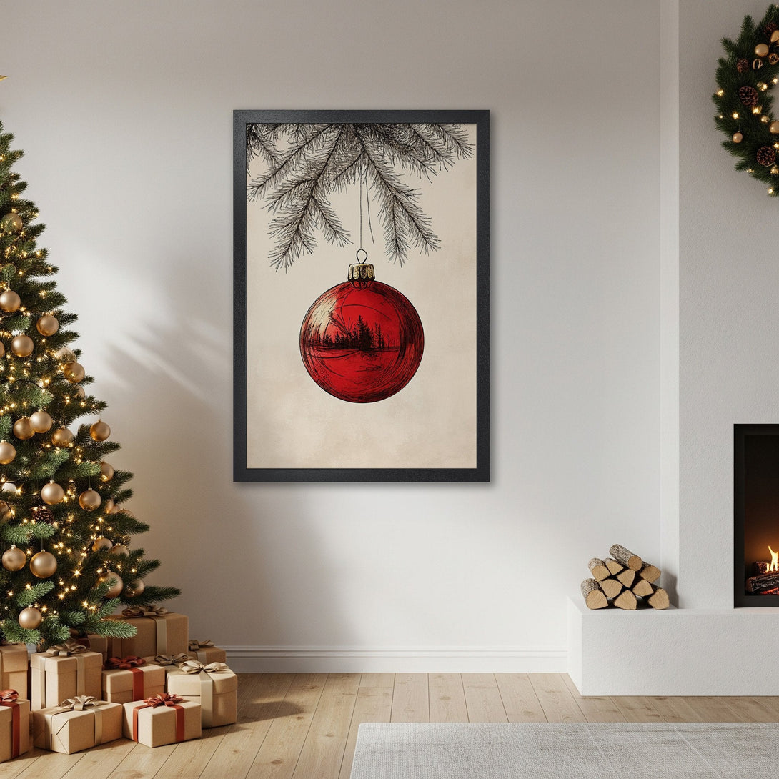Framed Poster featuring a festive red Christmas ornament illustration. Elegant black and beige color palette, perfect holiday decor.