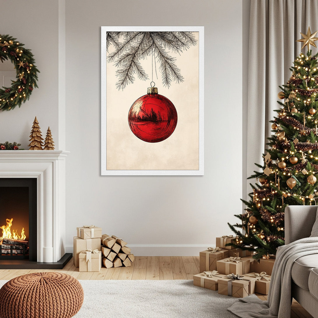 Framed Poster featuring a red Christmas ornament illustration in a sketch style with a neutral, warm color palette. Perfect holiday decor!