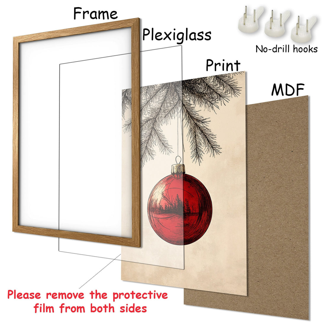 Framed Poster featuring a Christmas ornament illustration. Vintage style with red and beige color palette. Ready to hang!