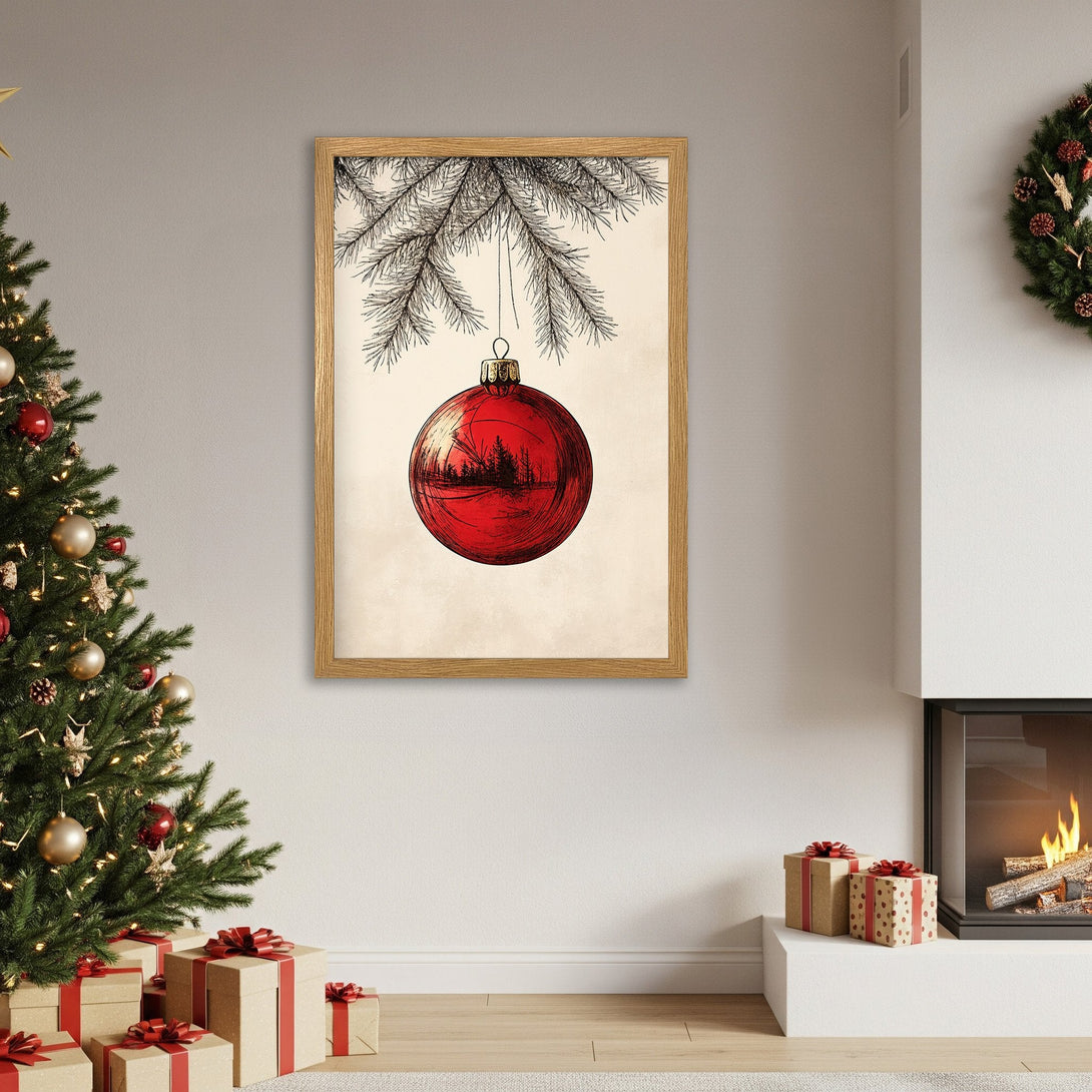 Framed Poster of a red Christmas ornament with a minimalist style. Festive holiday decor with a warm color palette. Perfect for seasonal home styling.
