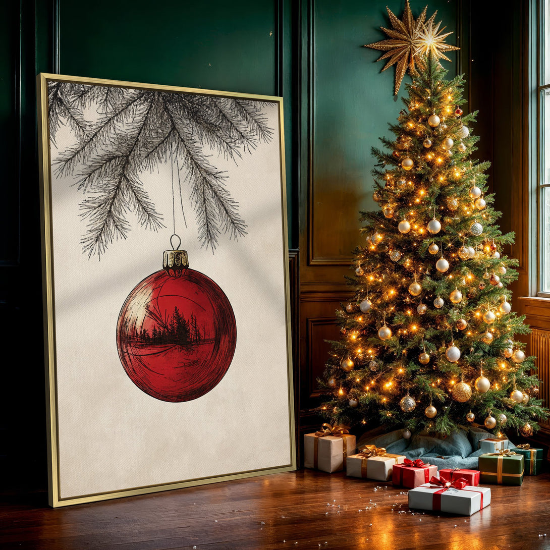 Canvas Print of a red Christmas ornament illustration. Rustic, vintage style with neutral and red color palette. Perfect holiday wall art.