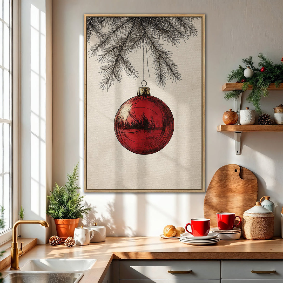 Framed Wall Art featuring a red Christmas ornament illustration. Rustic style, neutral background with pops of red, perfect for holiday decor.