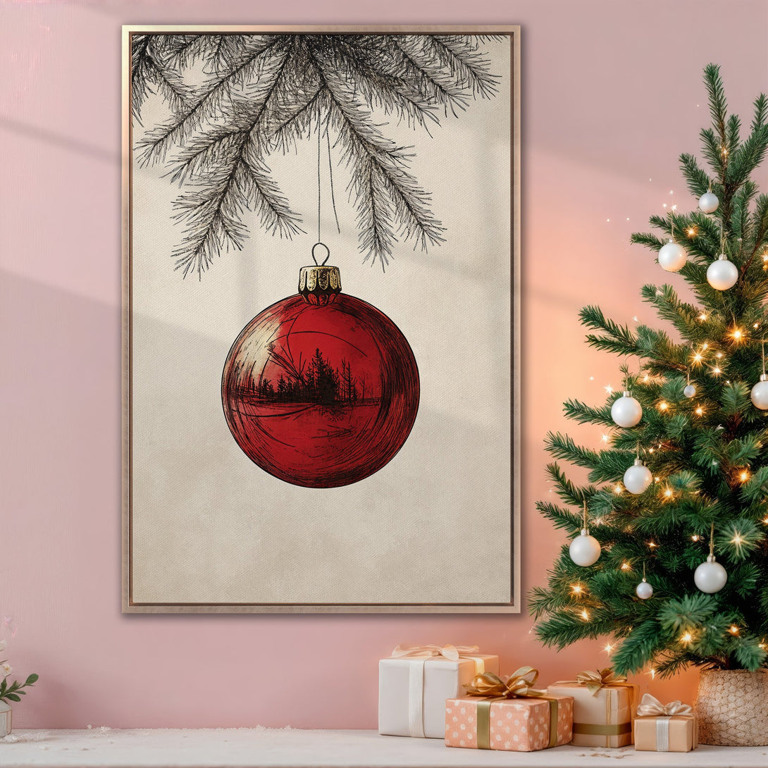 Framed Wall Art: Christmas ornament illustration in red and black, displayed in a cozy interior with a pink wall and Christmas tree. Festive decor!