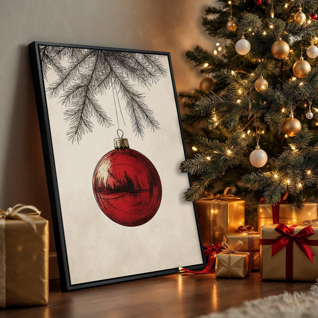 Framed Wall Art: Festive Christmas ornament print in red and black, displayed in a cozy interior. Warm gold and green color palette, perfect holiday decor.