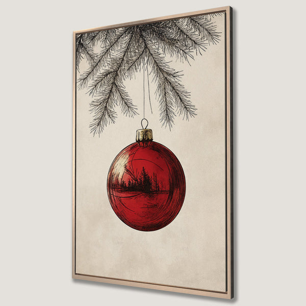 Framed Wall Art: Vintage-style Christmas ornament print. Red, black, and beige color palette. Perfect holiday decor for your home!