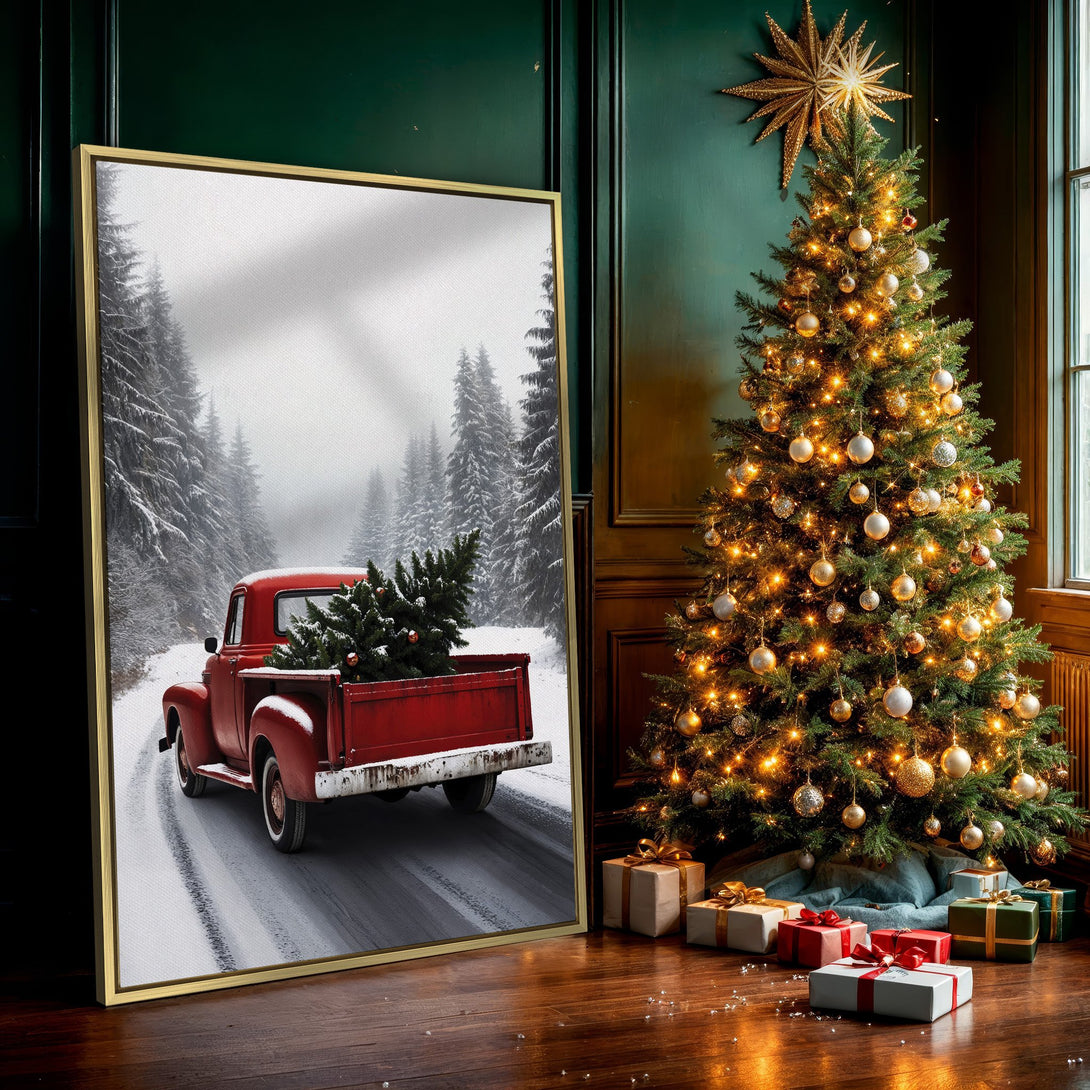 Canvas Print: Vintage red truck carrying a Christmas tree in a snowy forest. Rustic style, wintery scene with red, white, and green color palette.